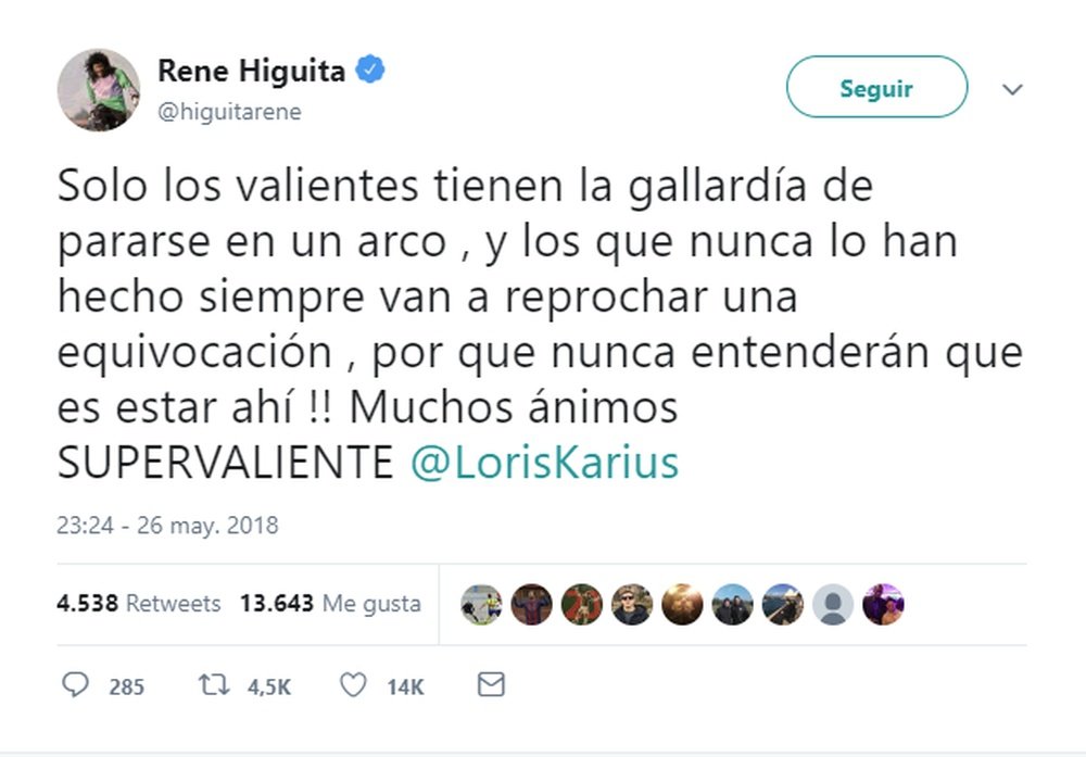 Higuita mandó un mensaje a Karius. Twitter/HiguitaRene