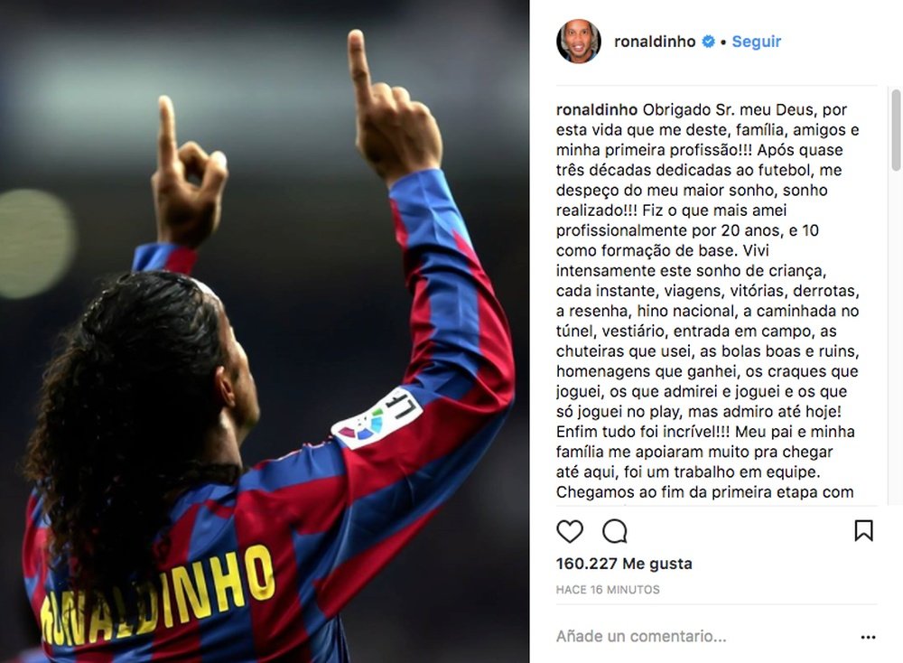 El brasileño se despidió a través de un mensaje en redes sociales. Instagram/Ronaldinho