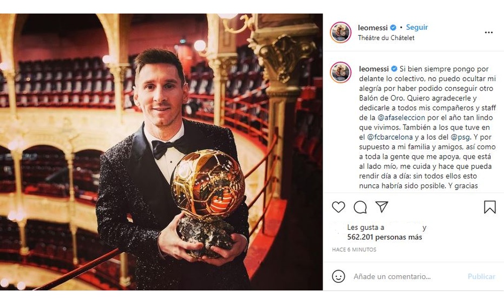 Messi mandó un mensaje en redes sociales tras ganar el Balón de Oro. Instagram/leomessi