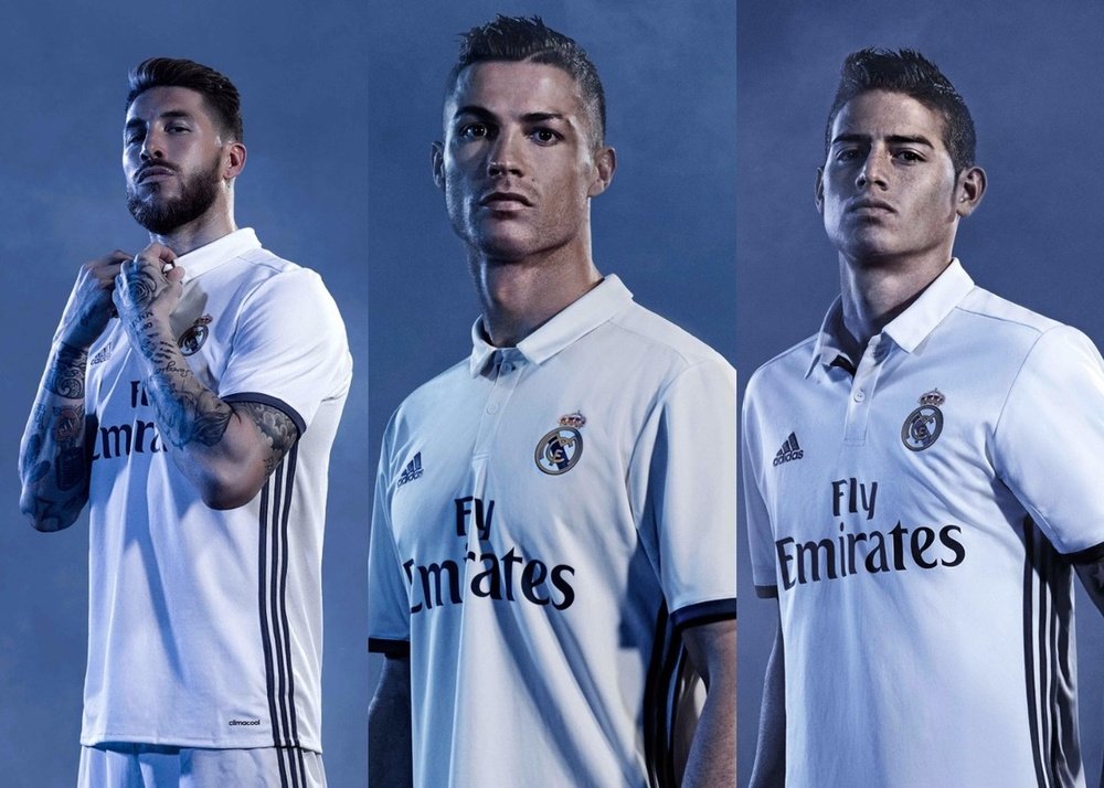 Ramos, Ronaldo and James present the new shirts. Madrid