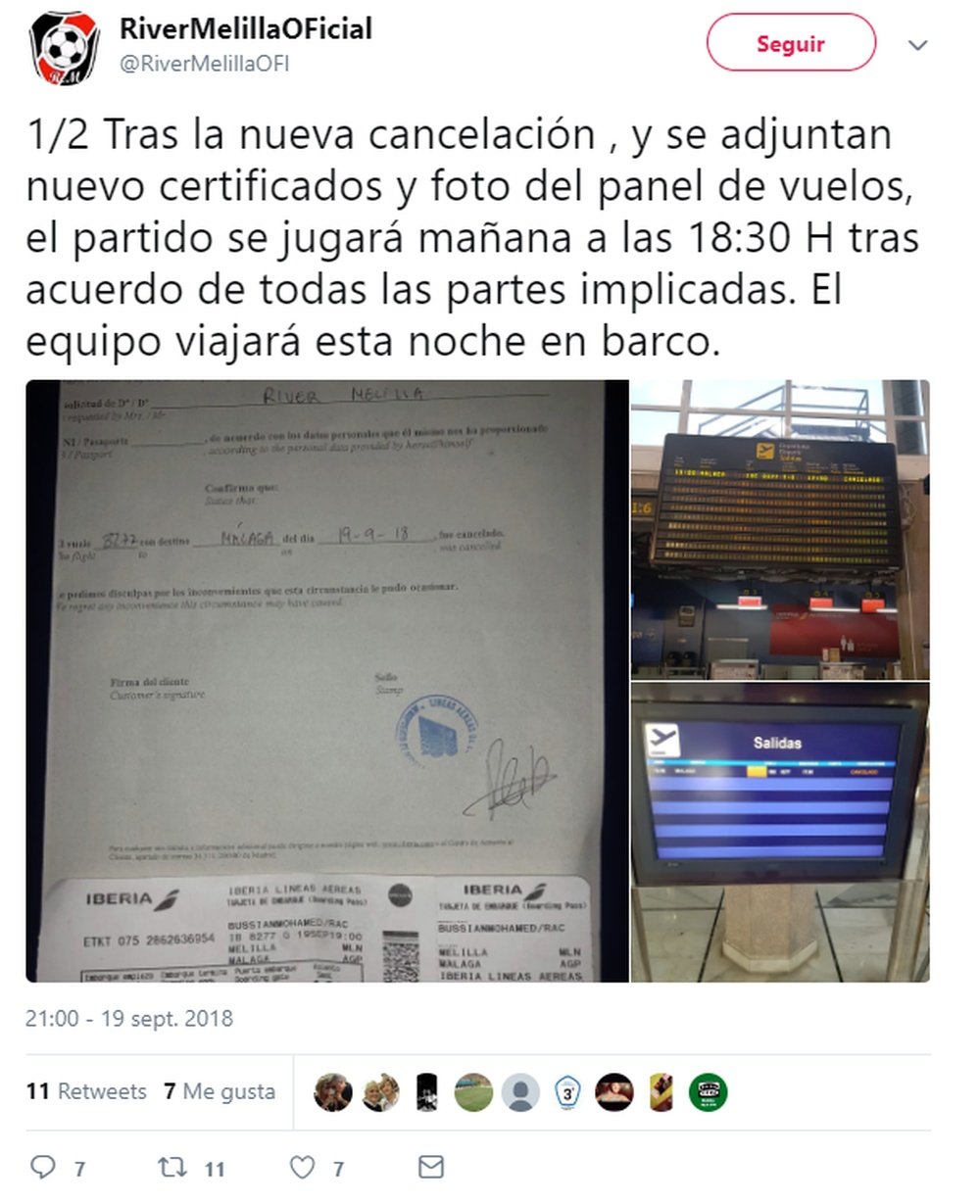El River Melilla no pudo viajar en avión y el partido tuvo que aplazarse. Twitter/RiverMelillaOFI