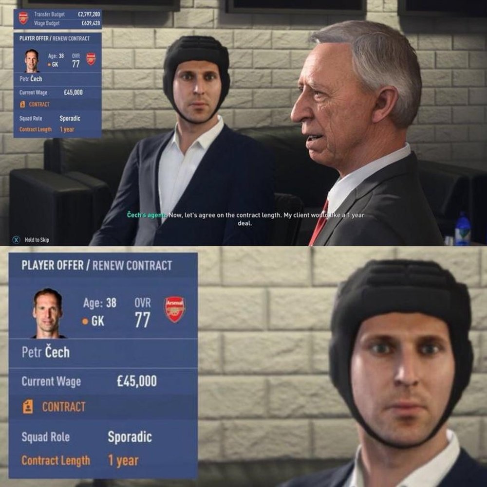Le gardien d'Arsenal garde son casque même en entretient. Twitter/PetrCech