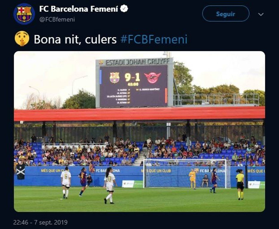 El tuit del Barcelona femenino tras ganar al Tacón. Twitter/FCBFemeni