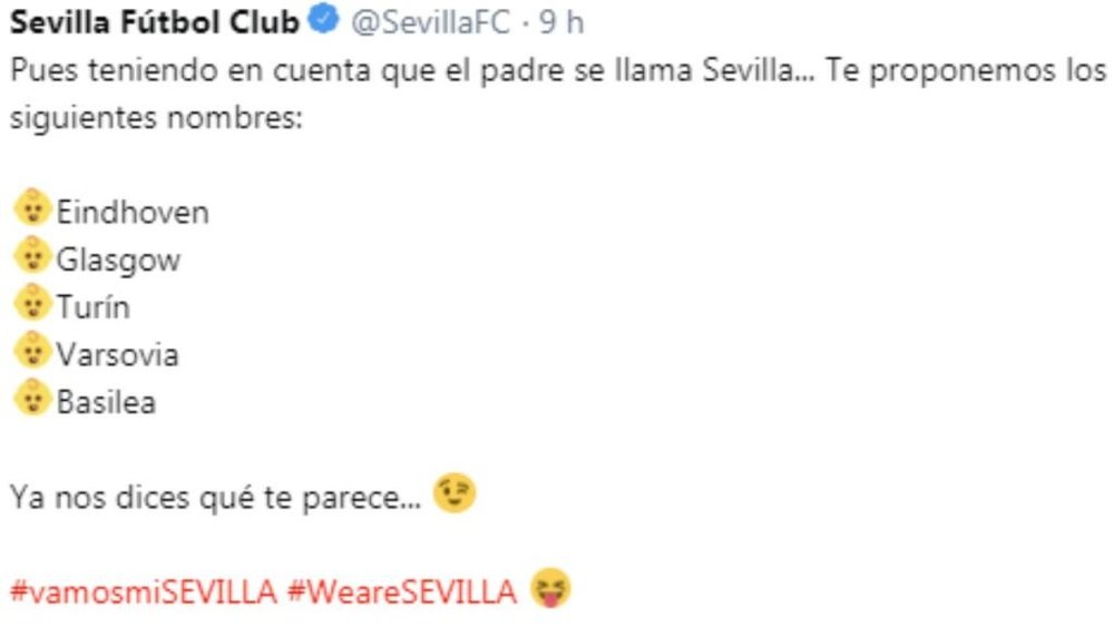 El Sevilla se aventuró a proponer hasta cinco nombres para sus hijos. Twitter/SevillaFC
