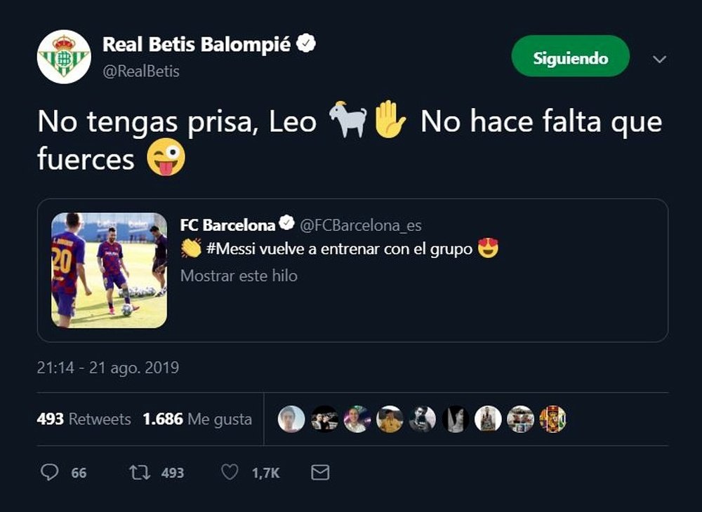 El Betis bromeó sobre la recuperación de Messi. Twitter/RealBetis