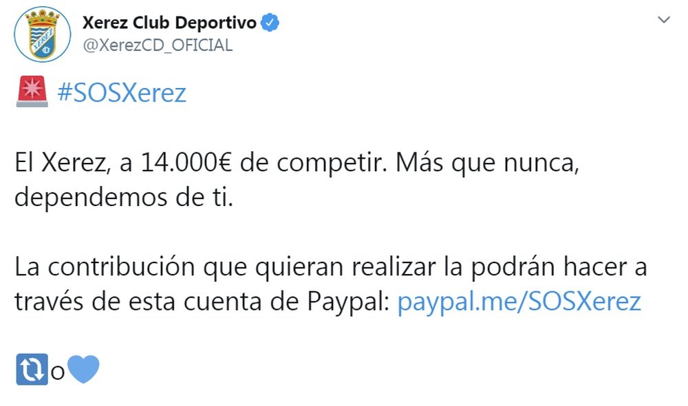 El Xerez Deportivo está a 14.000 euros de evitar el abismo. Twitter/XerezCD_Oficial