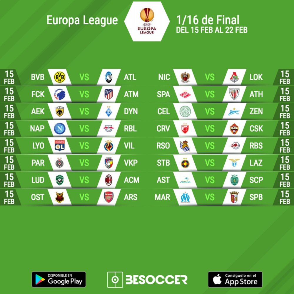 Enfrentamientos de dieciseisavos de final de la Europa League 2017-18. BeSoccer