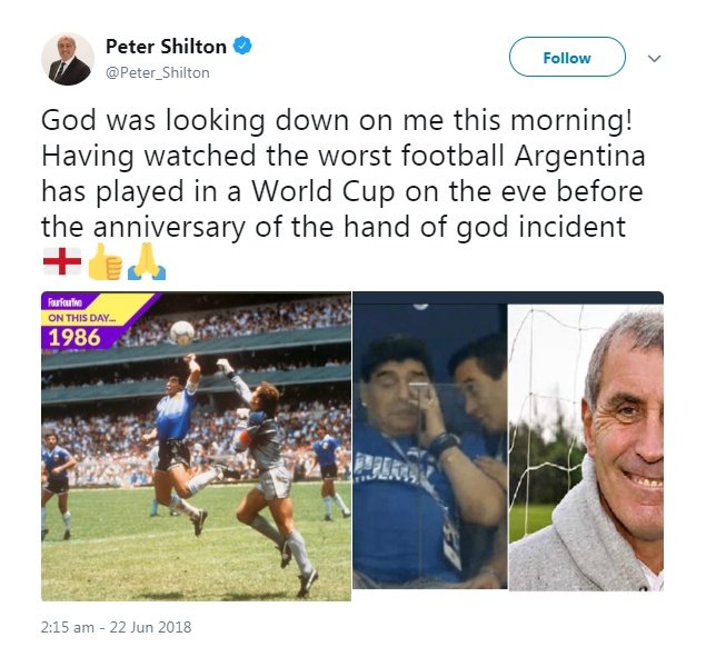 Shilton took pleasure in Argentina's struggles. Twitter/Peter_Shilton