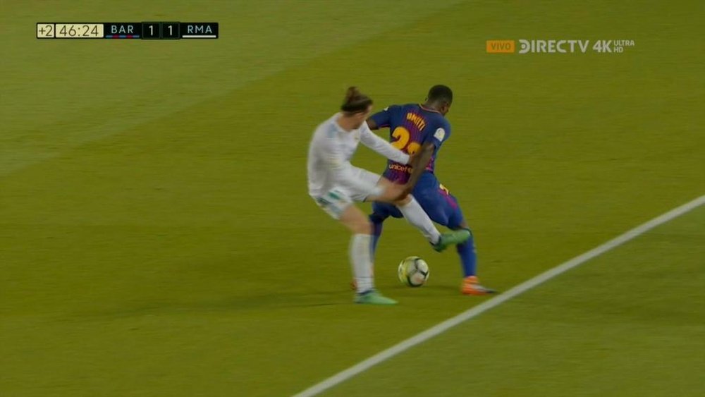 Bale raked his studs down the leg of Umtiti. Twitter/DirectTV