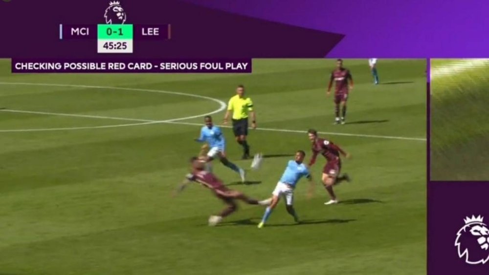 Liam Cooper was sent off for a very poor tackle on Jesus. Screenshot/DAZN