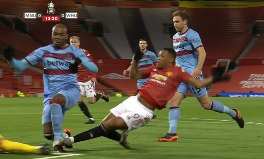 Ogbonna was caught on the ankle by Anthony Martial. Screenshot/DAZN