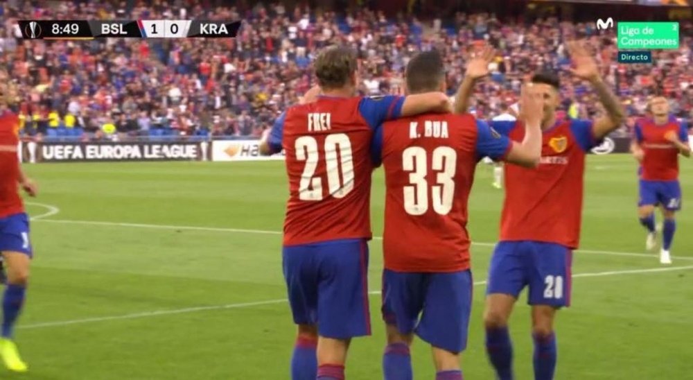 Diez minutos tardó Bua en marcar el primer gol de la Europa League 2019-20. Captura/Movistar