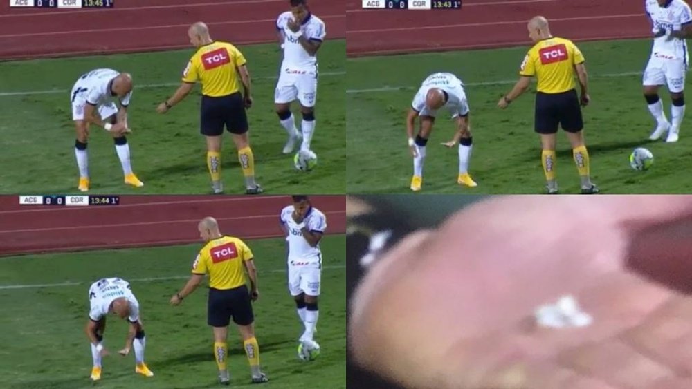 Fábio Santos encontrou os dentes de seu colega no gramado. Captura/SporTV