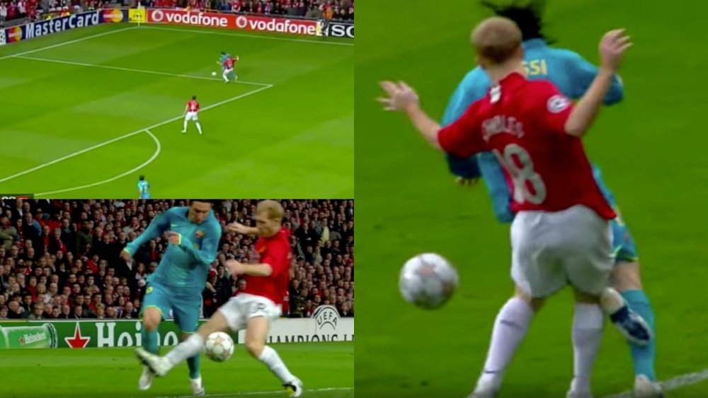 Paul Scholes said his foul on Messi was inside the box. Captura/Champions