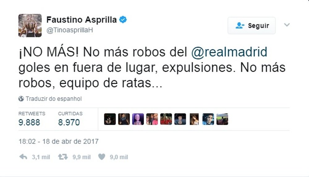 Faustino Asprilla também criticou a arbitragem do Real Madrid-Bayern de Munique. Twitter