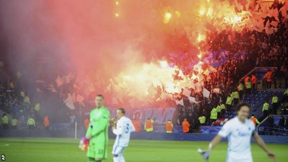 FC Copenhagen fans lit flares at the King Power Stadium. AP/BBC