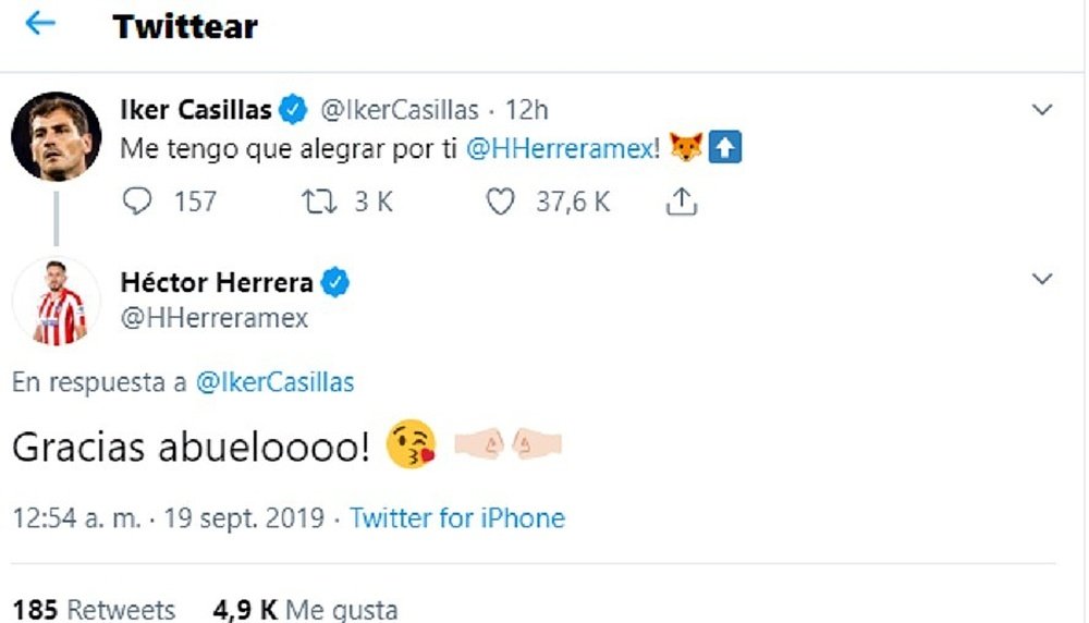 Casillas félicite Herrera, qui l'appelle Papi !. Twitter