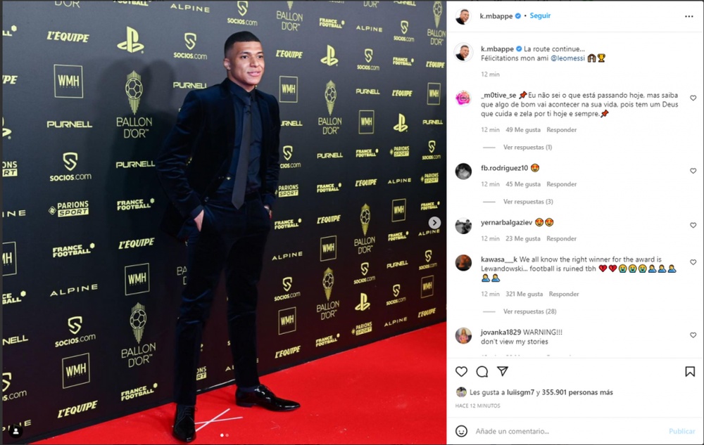 Mbappé felicitó a Messi por el Balón de Oro. Instagram/k.mbappe