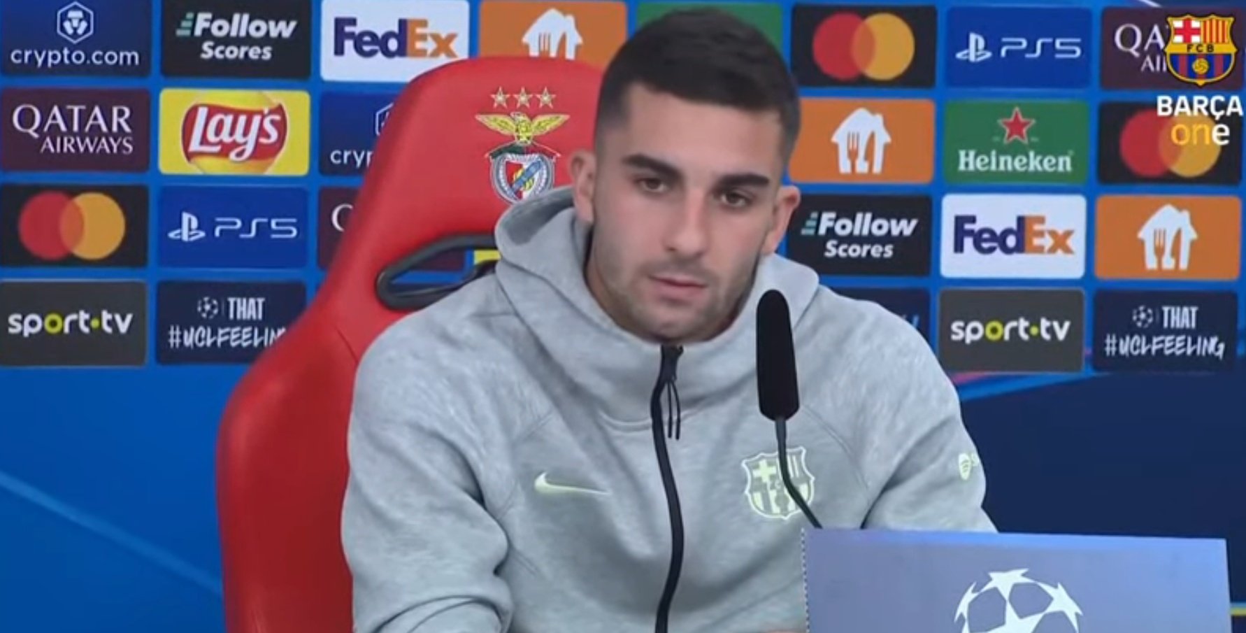 Ferran Torres spoke in the press room ahead of the UCL match against Benfica. AFP