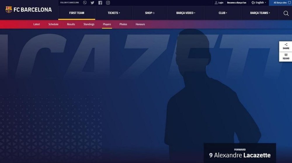 Lacazette tiene ficha en la web del Barcelona. FCBarcelona