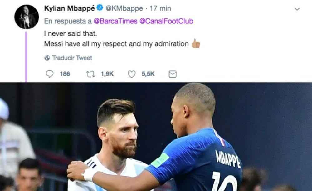 Mbappé aprovechó para piropear a Messi. AFP/Twitter