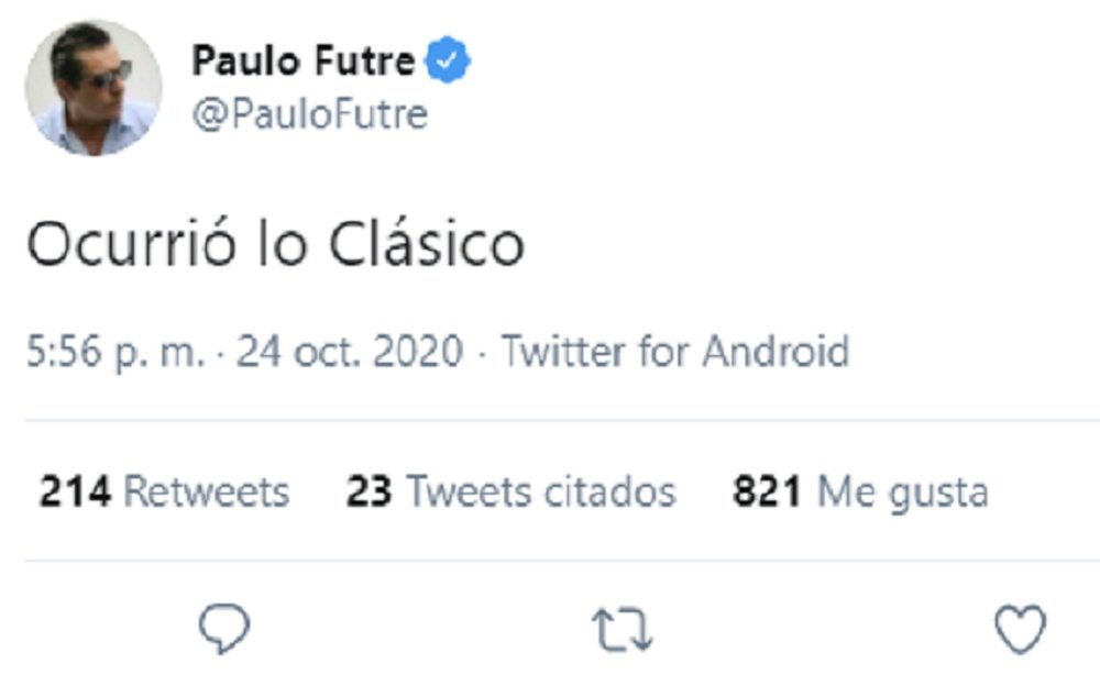 Futre comentó el 'Clásico' en las redes. Captura/Twitter/PauloFutre