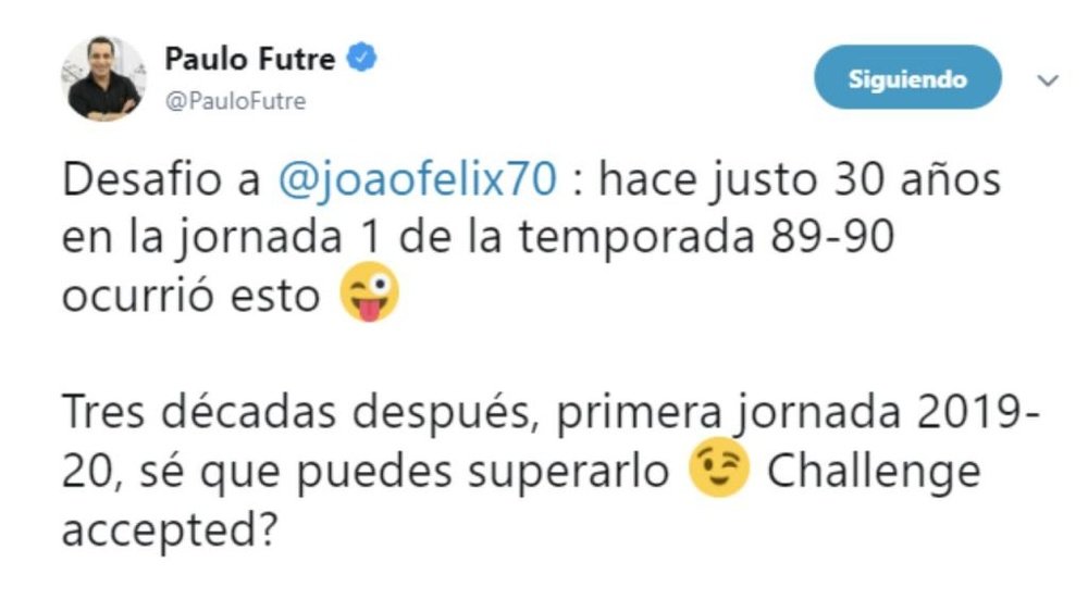 Futre retó a Joao Félix a repetir su doblete al Valencia en la Liga 1989-90. Twitter/PauloFutre