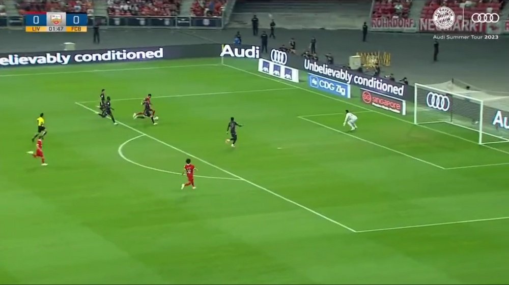 Gakpo scored the opener for Liverpool against Bayern Munich. Screenshot/BayernTV