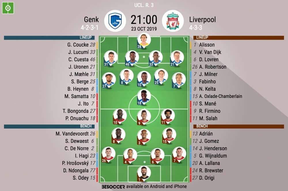 Genk v Liverpool, Champions League 19/20 R3, 23/10/19 - official line-ups. BeSoccer