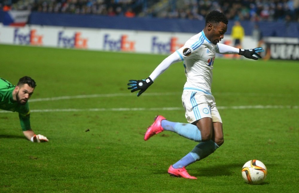 Georges-Kévin Nkoudou efface le gardien du Slovan et double la mise pour Marseille. AFP