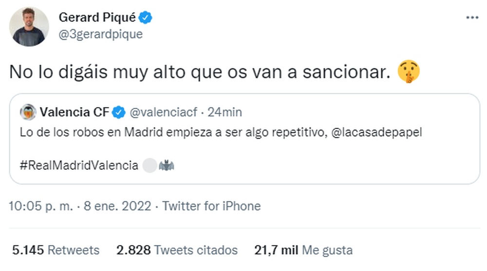 Piqué y el Valencia incendiaron las redes sociales. Twitter/3gerardpique