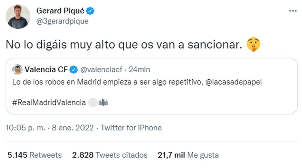 Piqué y el Valencia incendiaron las redes sociales. Twitter/3gerardpique