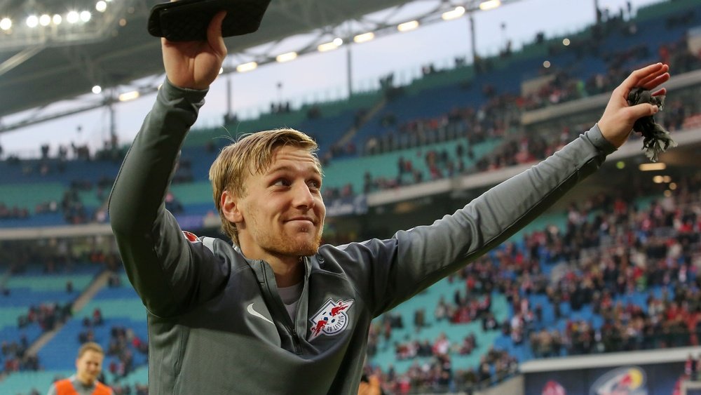 Leipzig's Emil Forsberg interacting with the fans. Goal