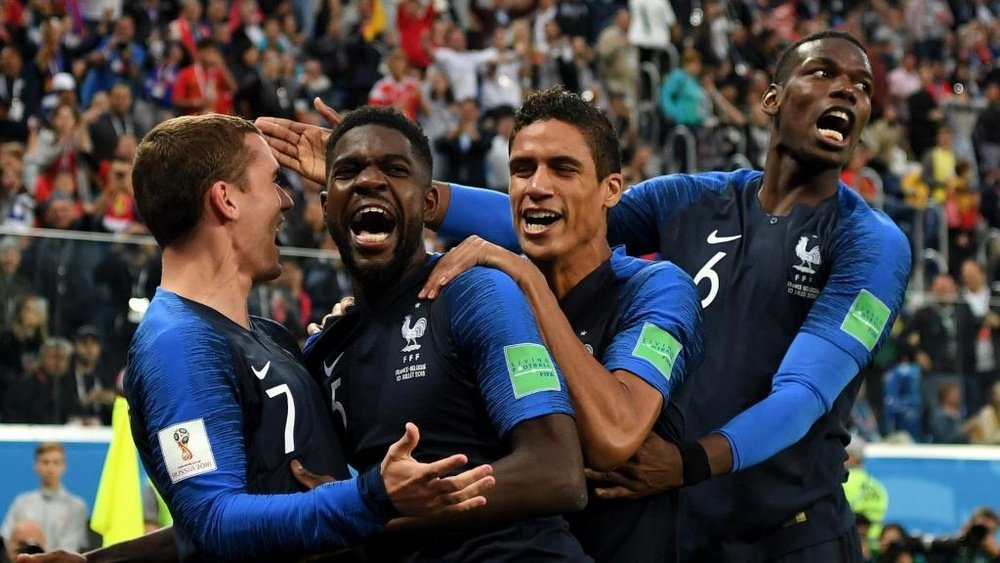 France celebrate Samuel Umtitis goal vs Belgium