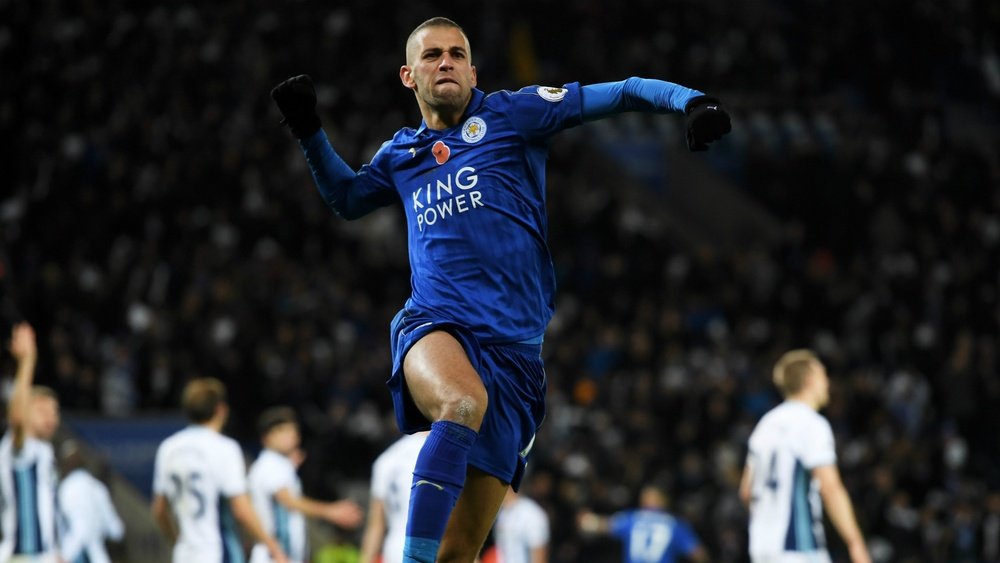 Islam Slimani celebrating a goal with Leicester. Goal