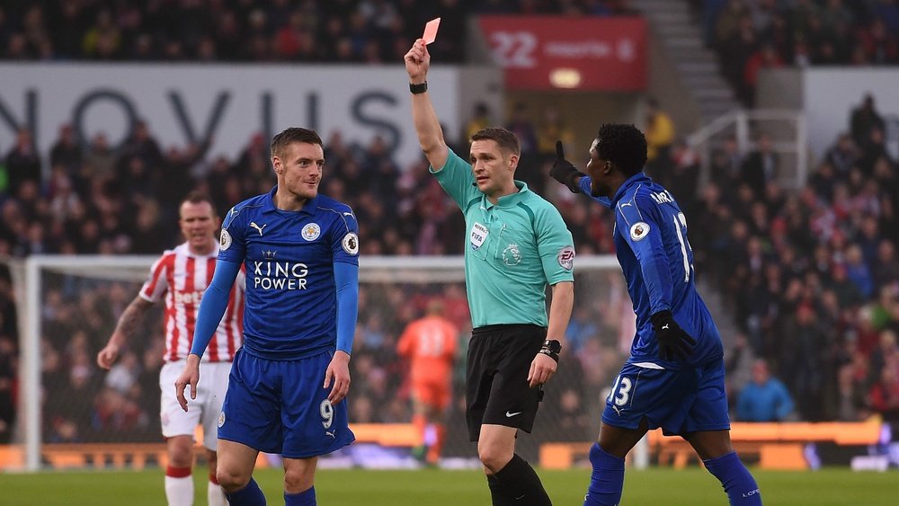 Jamie Vardy received a red card for a challenge on Mame Biram Diouf. Goal