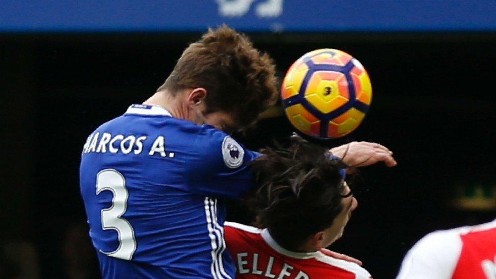 Marcos Alonso beating Hector Bellerin to the ball to score the first. Goal