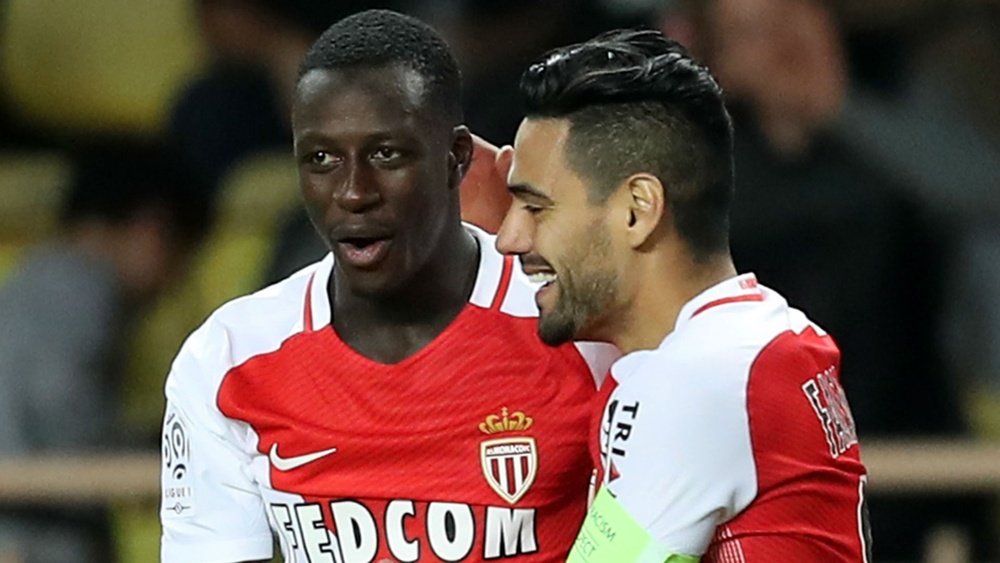 Mendy celebrating with Falcao. Goal