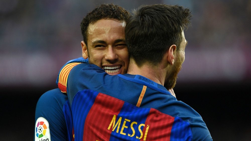 Neymar celebrating with Messi. Goal