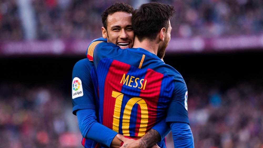 Neymar and Messi celebrating. Goal