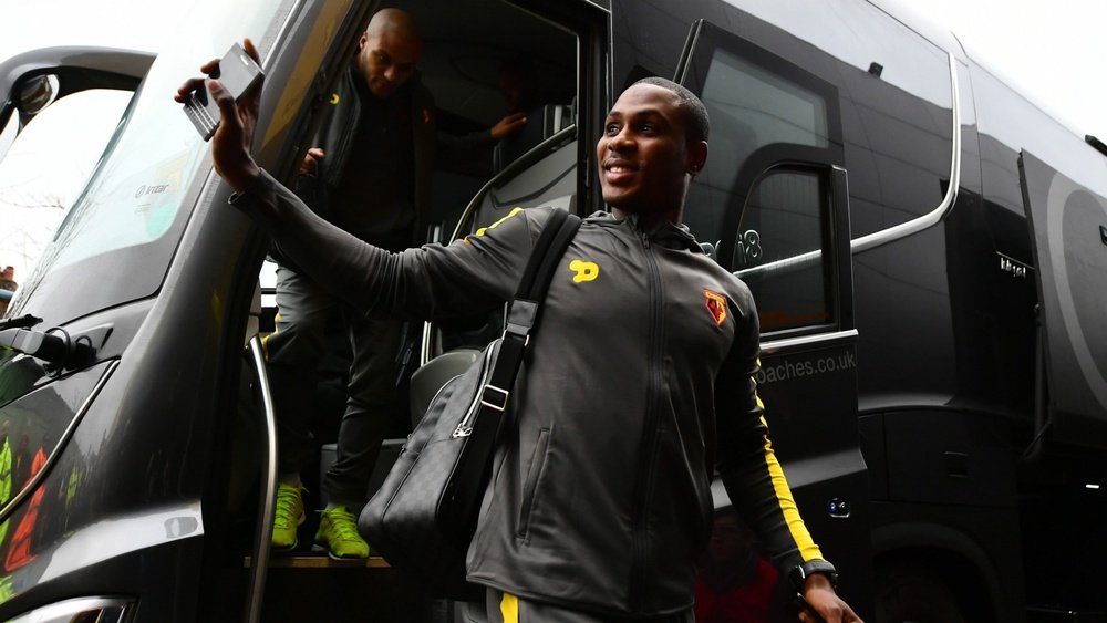 Odion Ighalo stepping off the Watford bus. Goal