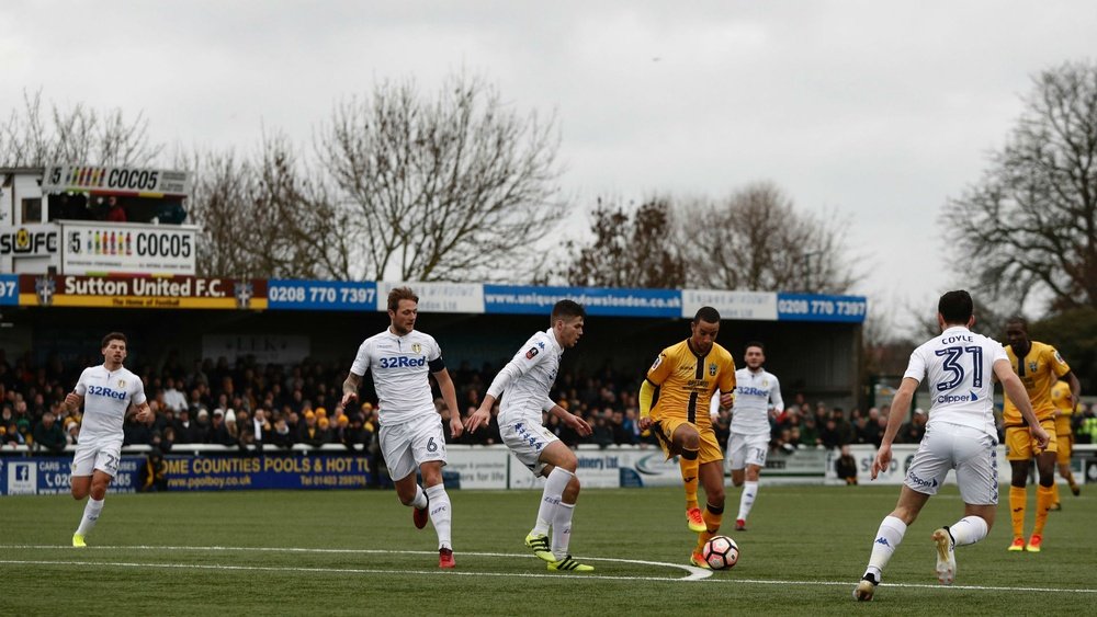 A view of a Sutton United match at Gander Green Lane. Goal