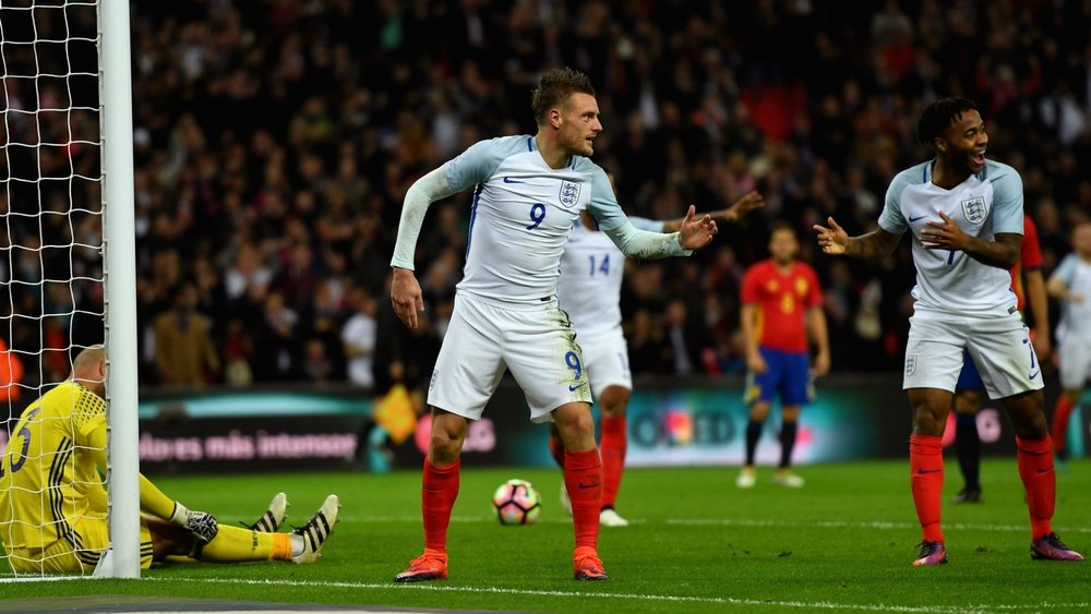 Vardy celebrates scoring England's second goal against Spain. Goalserve