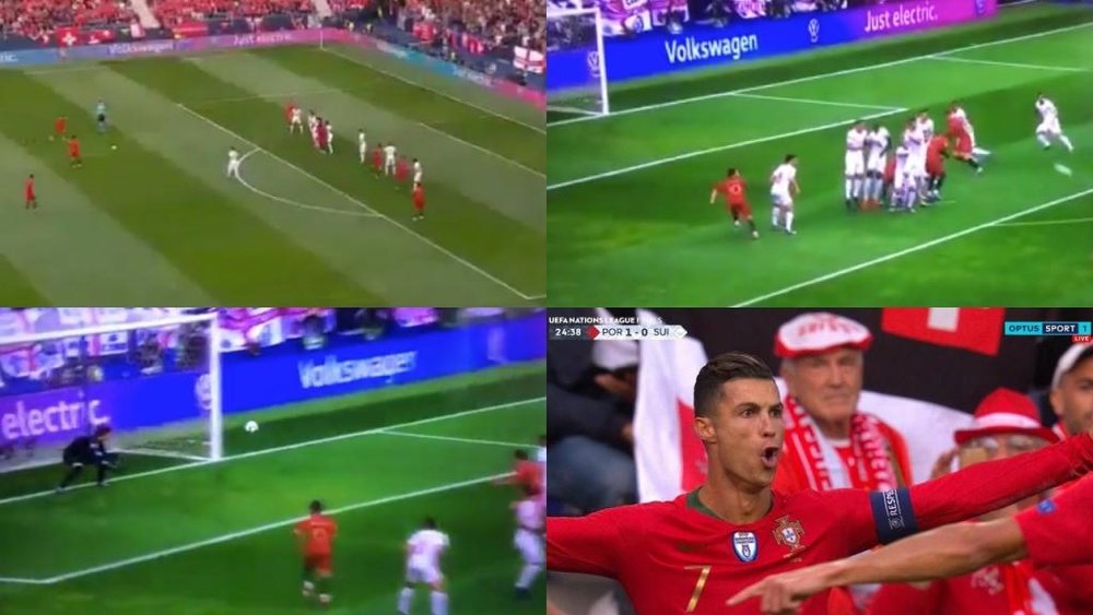 Cristiano Ronaldo abriu o marcador no duelo de Portugal frente à Suíça. Captura/optusSport