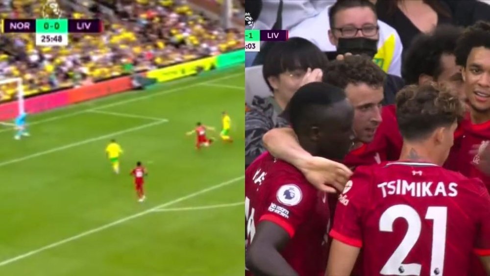 Diogo Jota gave Liverpool the lead against Norwich. Screenshot/DAZN