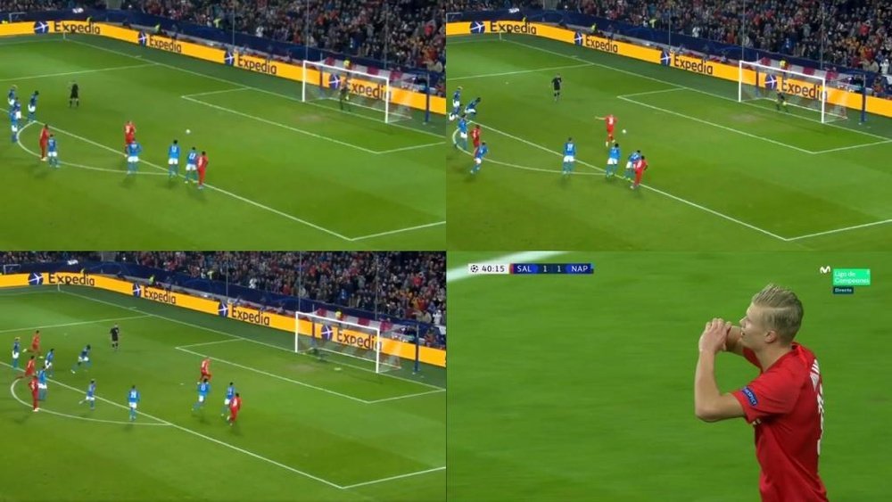 Haland drew Salzburg level against Napoli from the spot. Montaje/Capturas/MovistarLigadeCampeones
