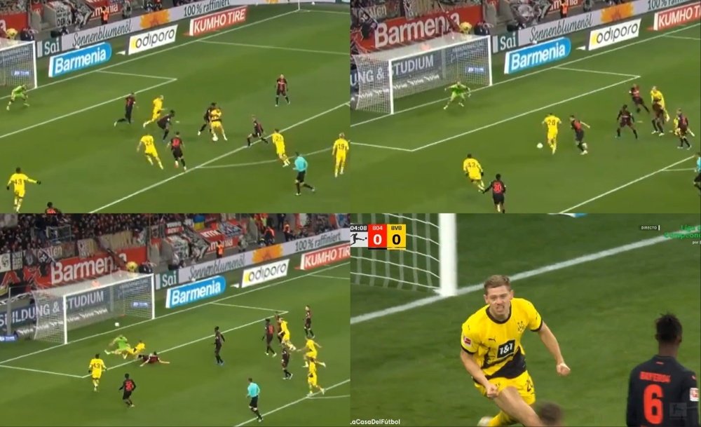 El Borussia abrió el marcador contra el Leverkusen. Capturas/MovistarLigadeCampeones