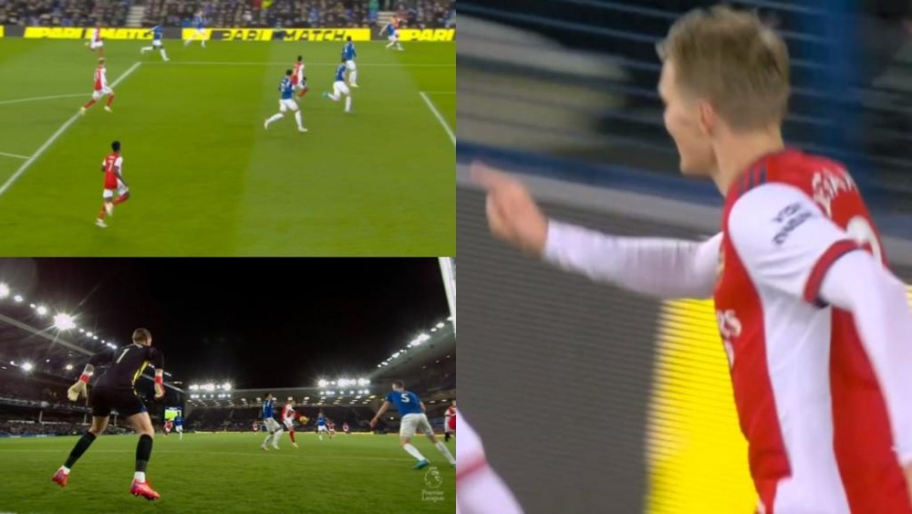 Odegaard abrió la lata contra el Everton. Capturas/DAZN