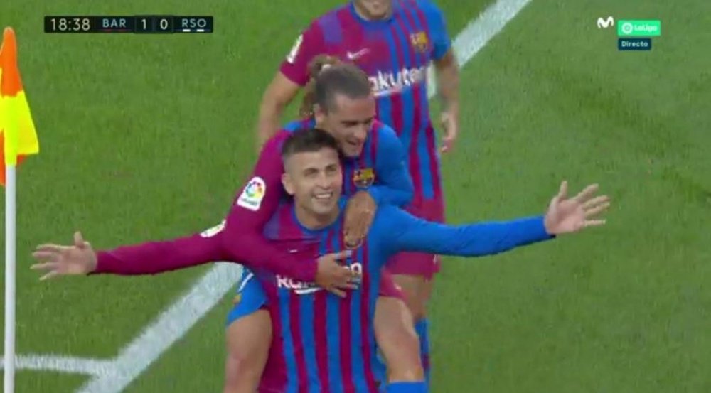 Piqué hizo el primer gol del nuevo Barça sin Messi. Captura/MovistarLaLiga