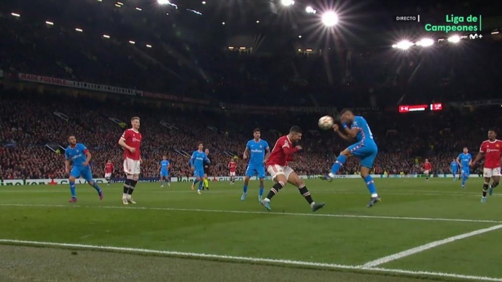 Renan Lodi gave Atletico Madrid the lead at Old Trafford. Screenshot/MovistarLigadeCampeones